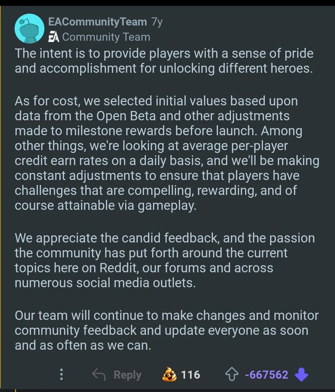 Screenshot of the EA Community Team Reddit comment with minus 667,562 downvotes defending unlock costs